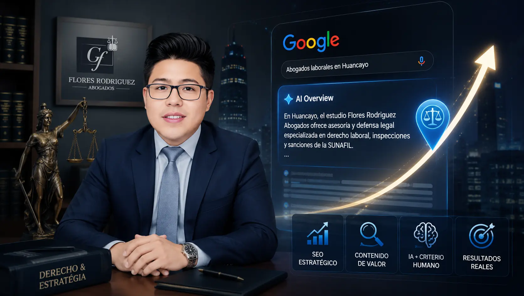 Estructura web de Flores Rodríguez Abogados indexada en el bloque AI Overview de Google para el rubro legal.