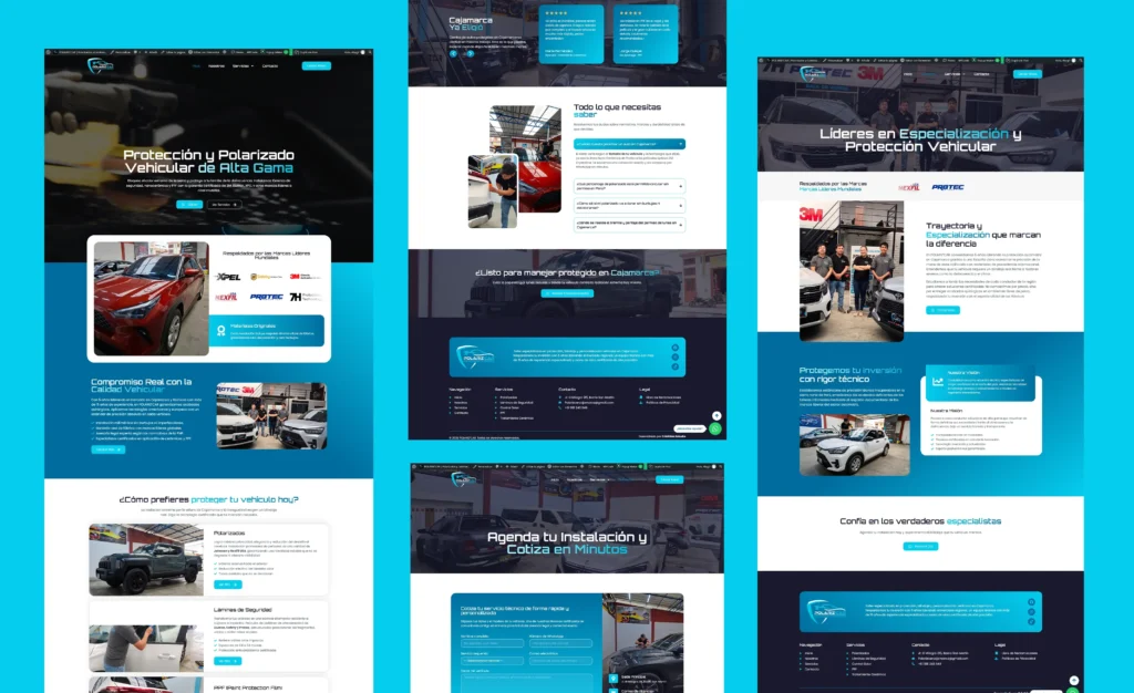 Estructura completa de páginas web diseñadas para Polarizcar por Cristhian Estudio en WordPress y Elementor, incluyendo Inicio, Servicios, Nosotros y Contacto.