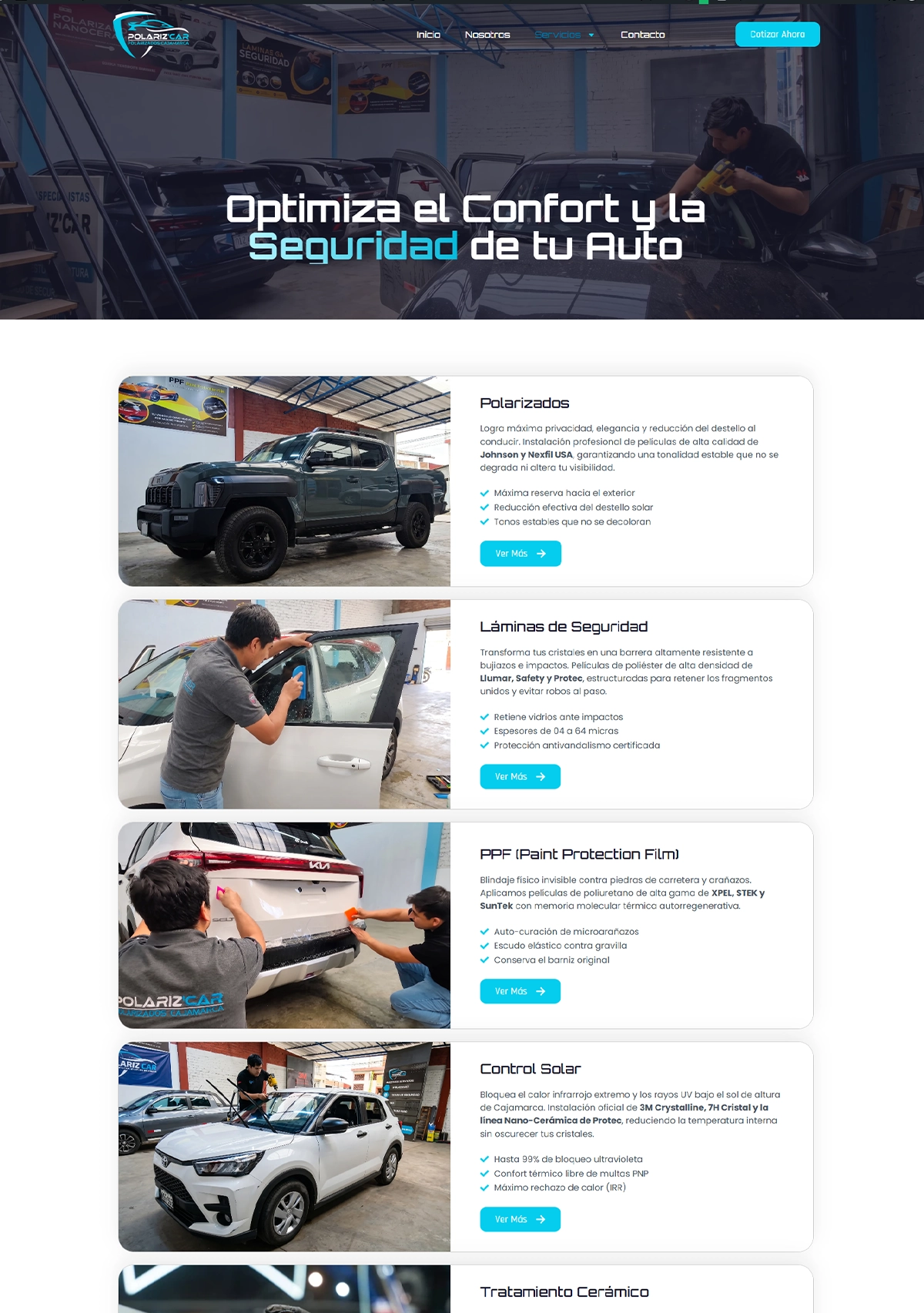 Catálogo de servicios automotrices en el sitio web de Polarizcar diseñado por Cristhian Estudio.