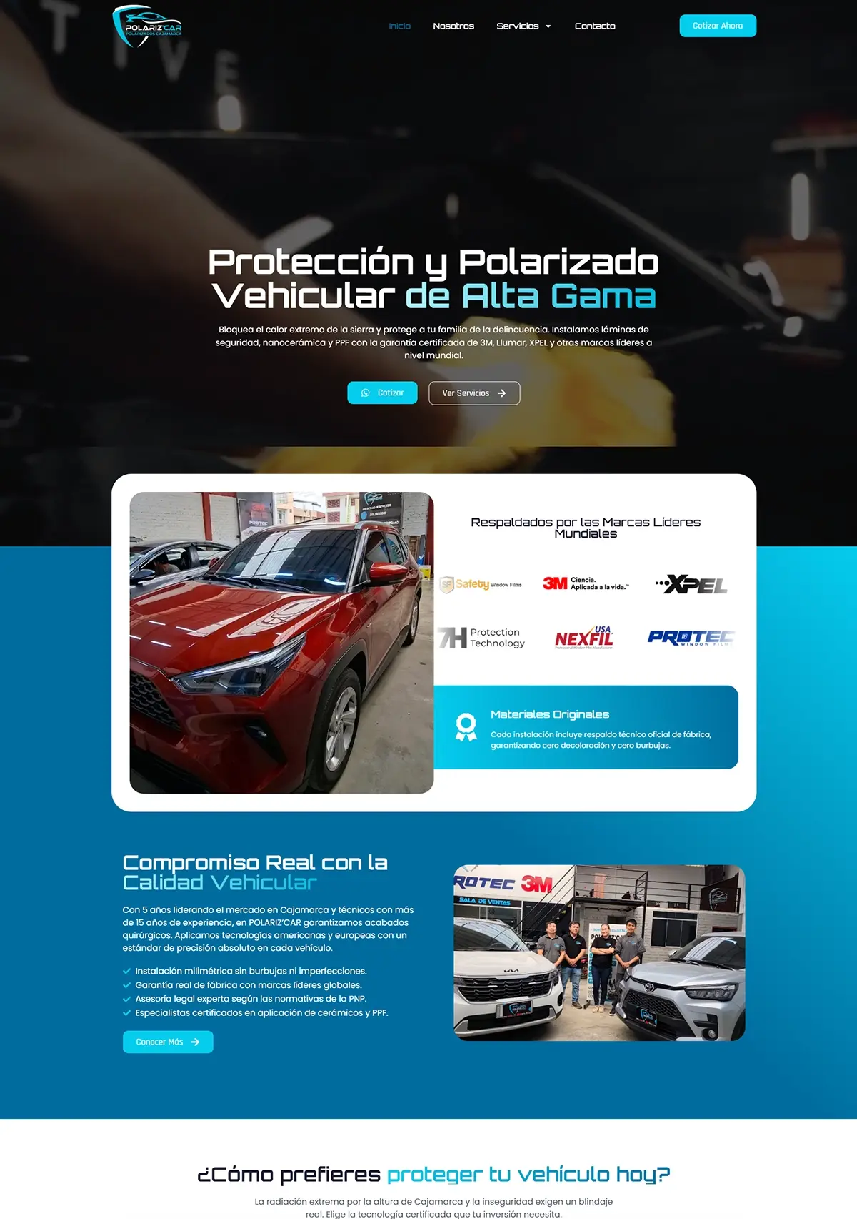 Página de inicio del sitio web de Polarizcar diseñada por Cristhian Estudio en Cajamarca.