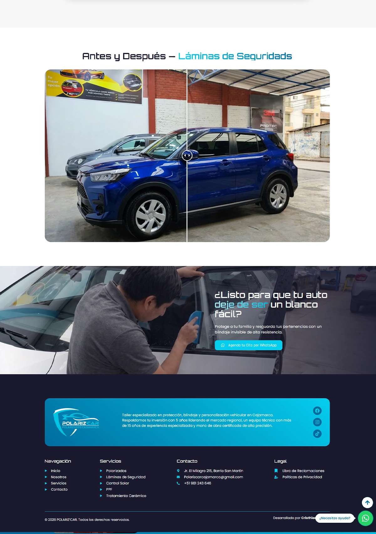 Pestaña de láminas de seguridad antiasalto en la web de Polarizcar creada por Cristhian Estudio.