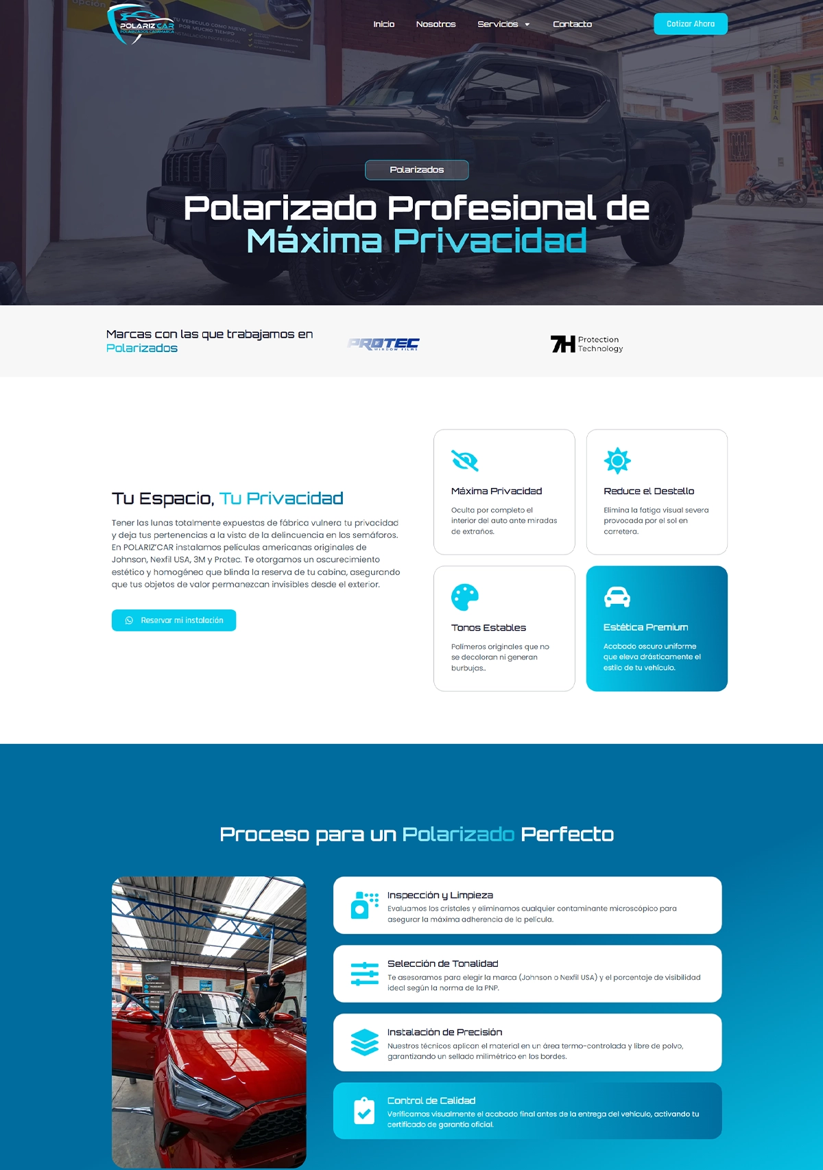 Diseño de landing page de polarizados para la web de Polarizcar por Cristhian Estudio en Cajamarca.