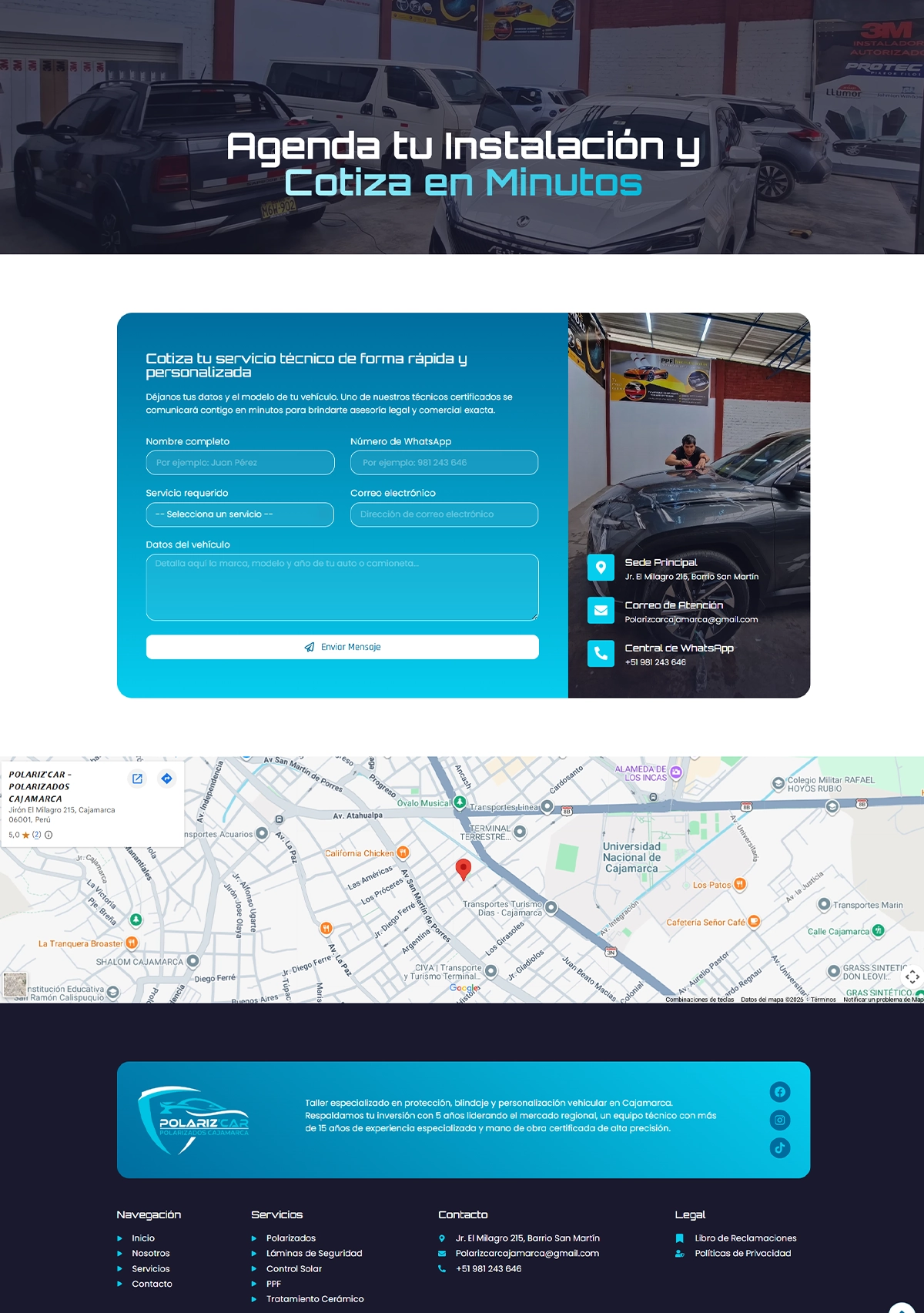 Sección de contacto y cotización inmediata de la web de Polarizcar por Cristhian Estudio.