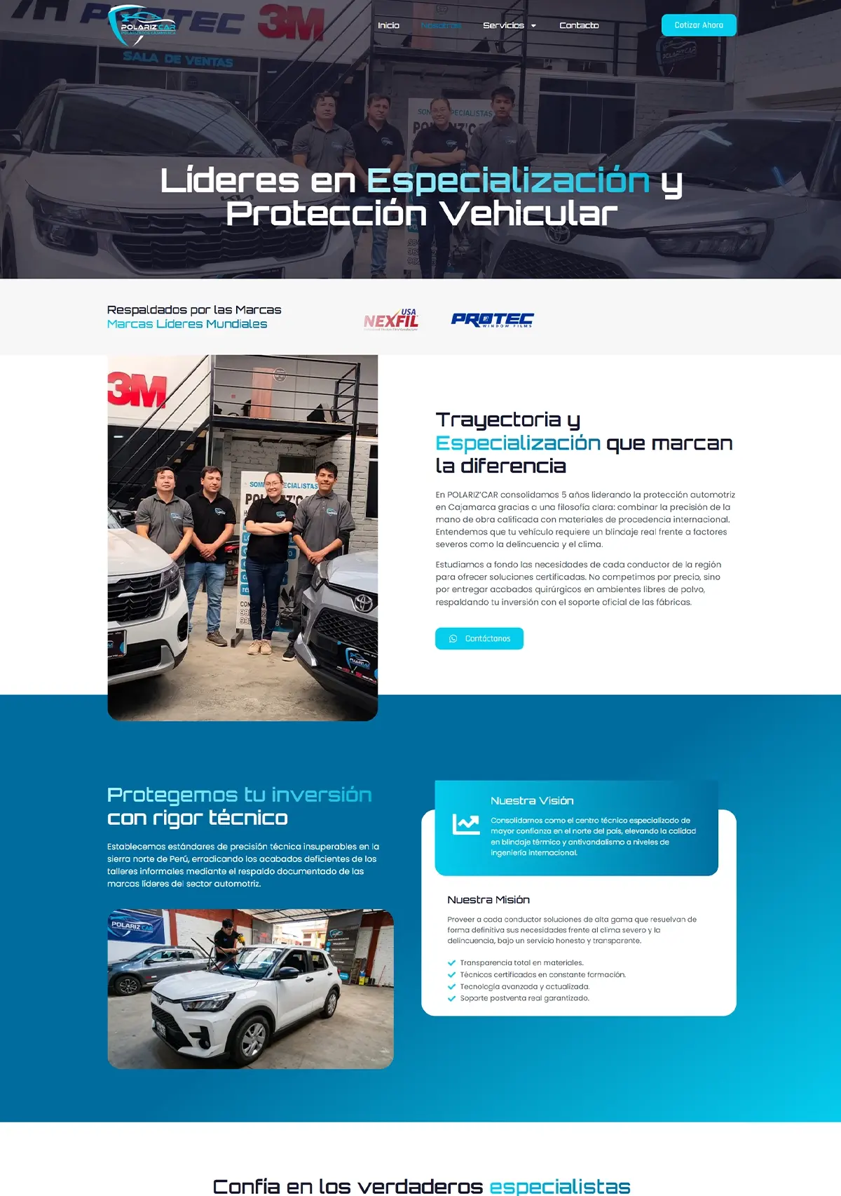 Sección corporativa Nosotros de la página web de Polarizcar maquetada por Cristhian Estudio.
