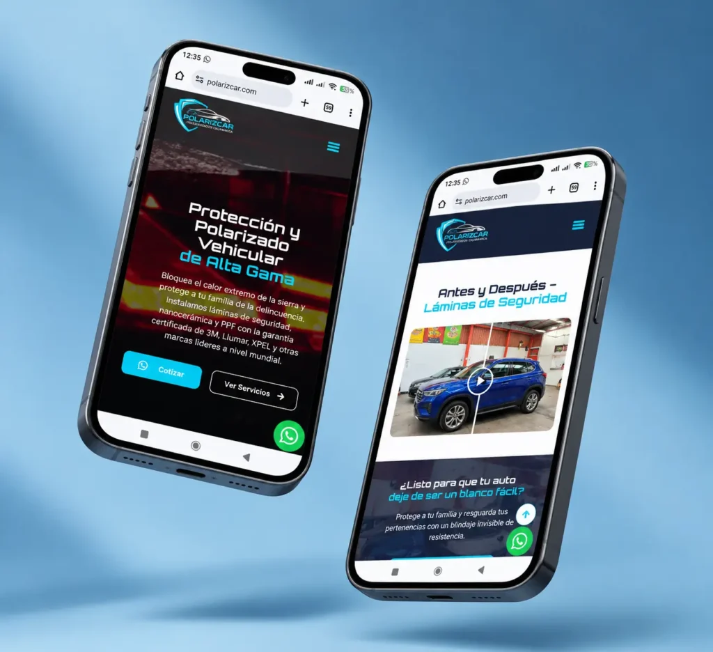 Mockup de interfaz móvil con flujo de conversión y WhatsApp para la web de Polarizcar en Cajamarca.