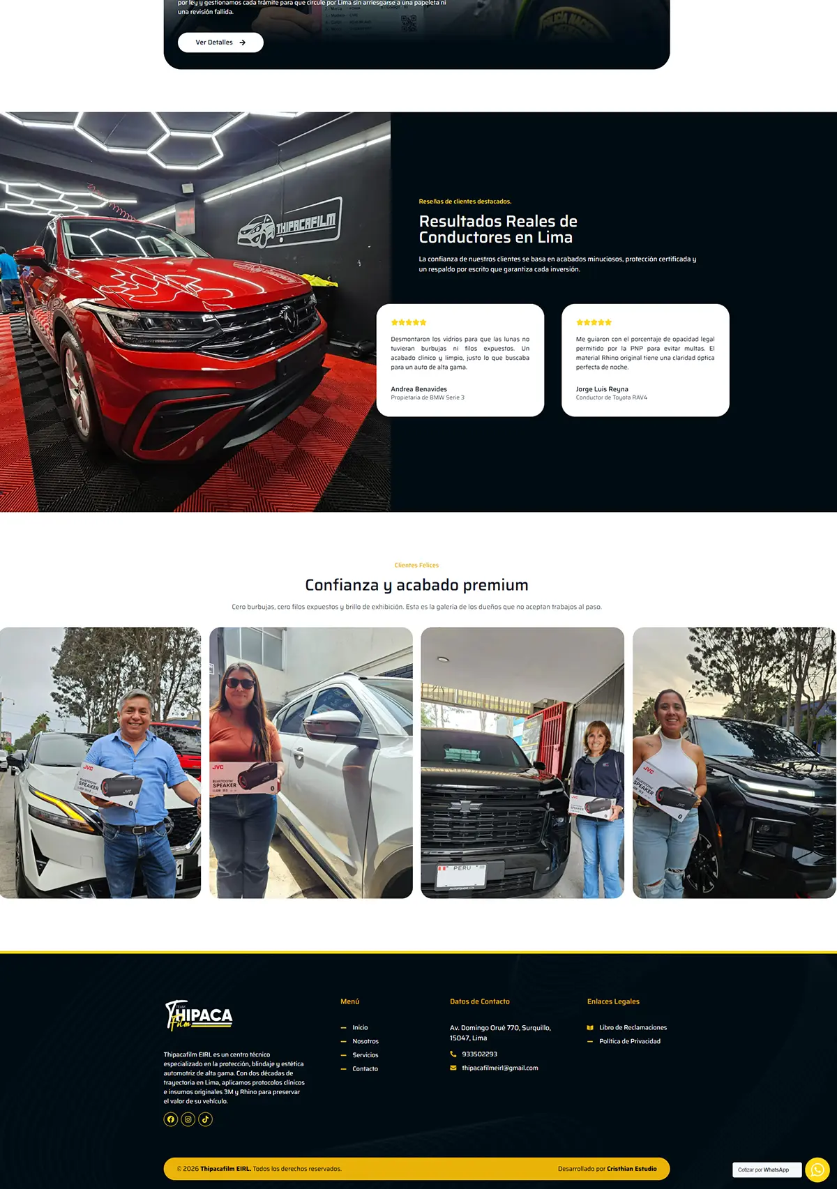 Grilla interactiva de servicios de estética y protección vehicular en el sitio web de Thipaca Film Perú por Cristhian Estudio.