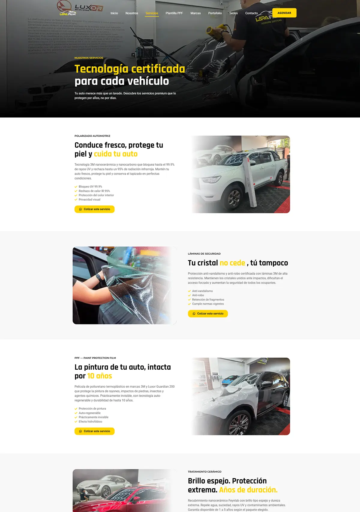 Catálogo de servicios de polarizado nanocerámico y láminas antiasalto diseñado para Larafilm Group por Cristhian Estudio.