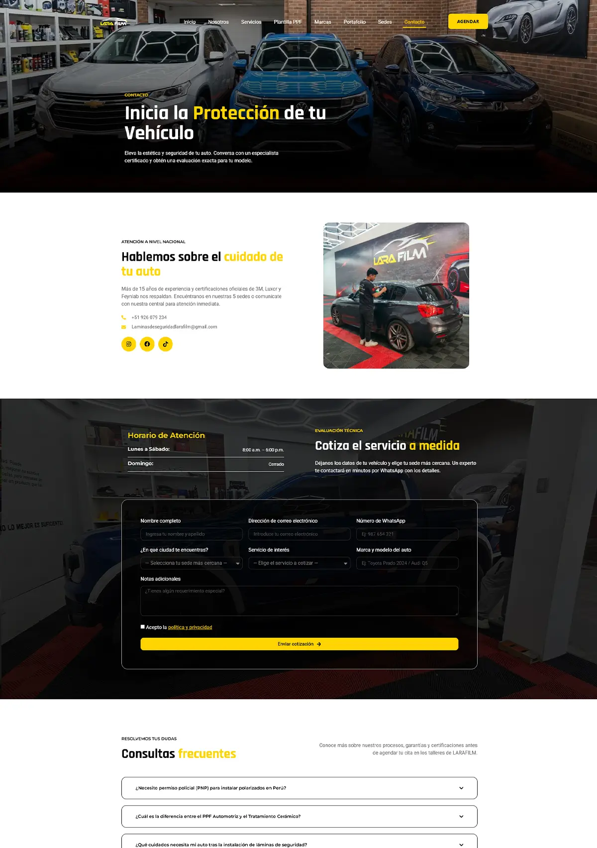 Formulario de contacto y cotización inmediata de servicios automotrices en la web de Larafilm Group por Cristhian Estudio.