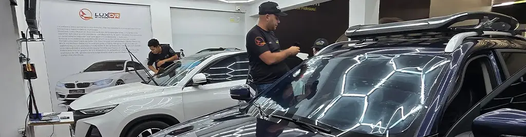 Técnico capacitado de Larafilm Group instalando lámina de seguridad nanocerámica sobre cristal automotriz con espátula de precisión en taller profesional, sección maquetada por Cristhian Estudio.