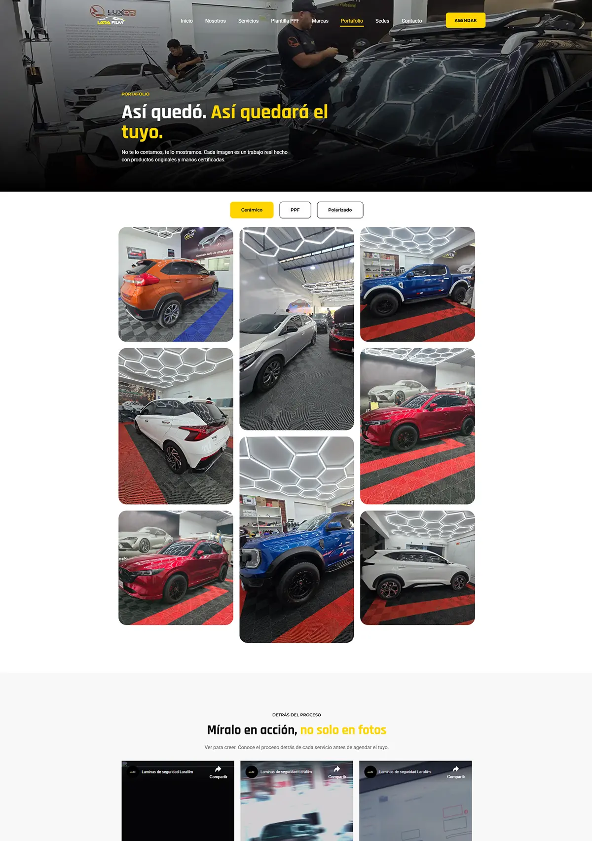 Galería de trabajos realizados de PPF y polarizados en vehículos de alta gama por Larafilm Group en la web maquetada por Cristhian Estudio.