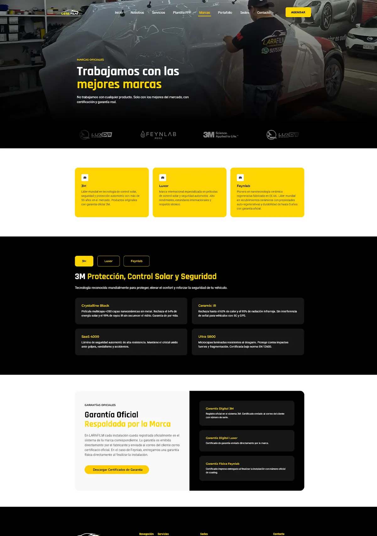 Exhibición de marcas oficiales y distribuidores de láminas automotrices en la web de Larafilm Group por Cristhian Estudio.