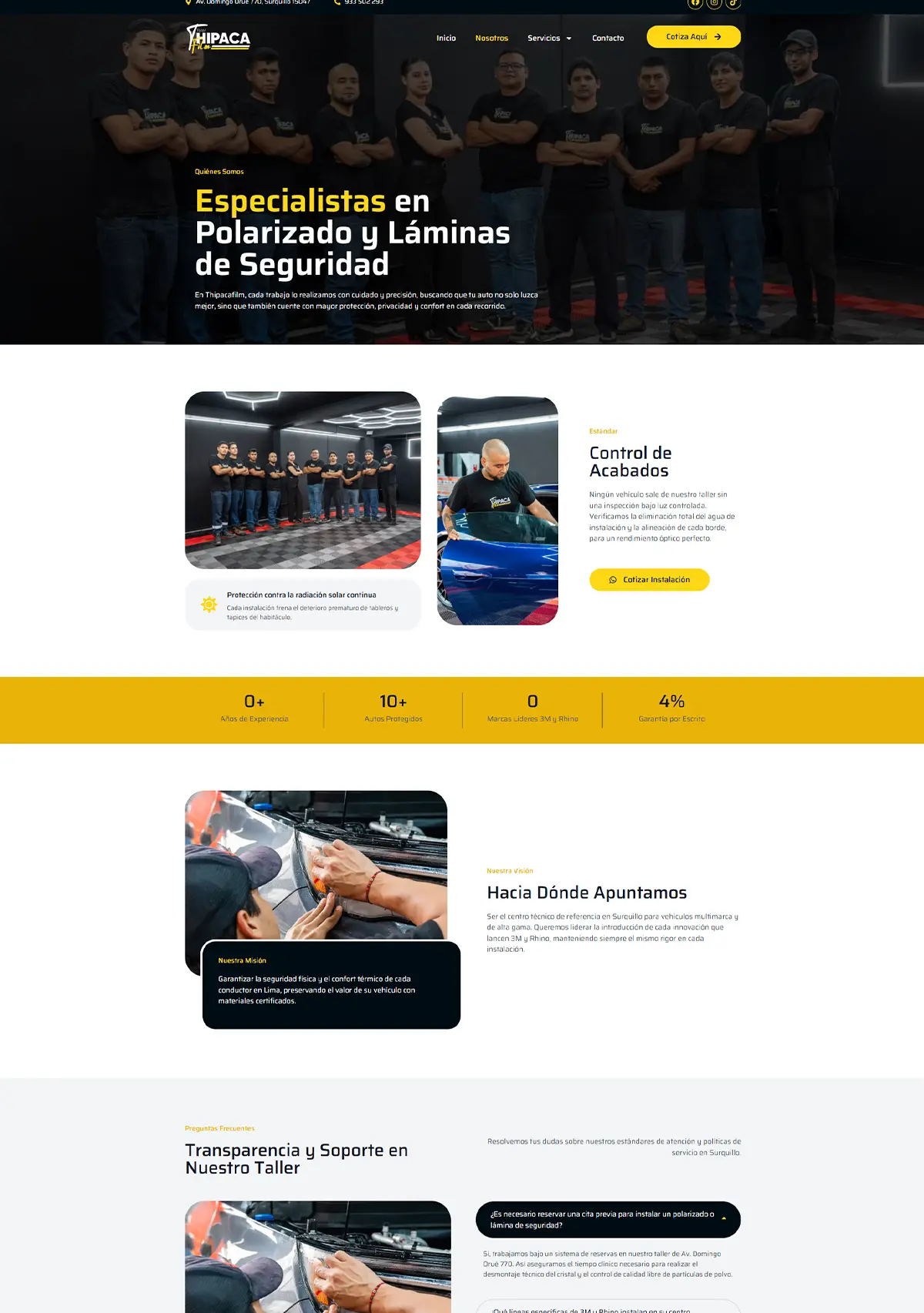 Fotografía de las instalaciones y taller de aplicación de láminas de Thipaca Film en Surquillo en la página Nosotros maquetada por Cristhian Estudio.