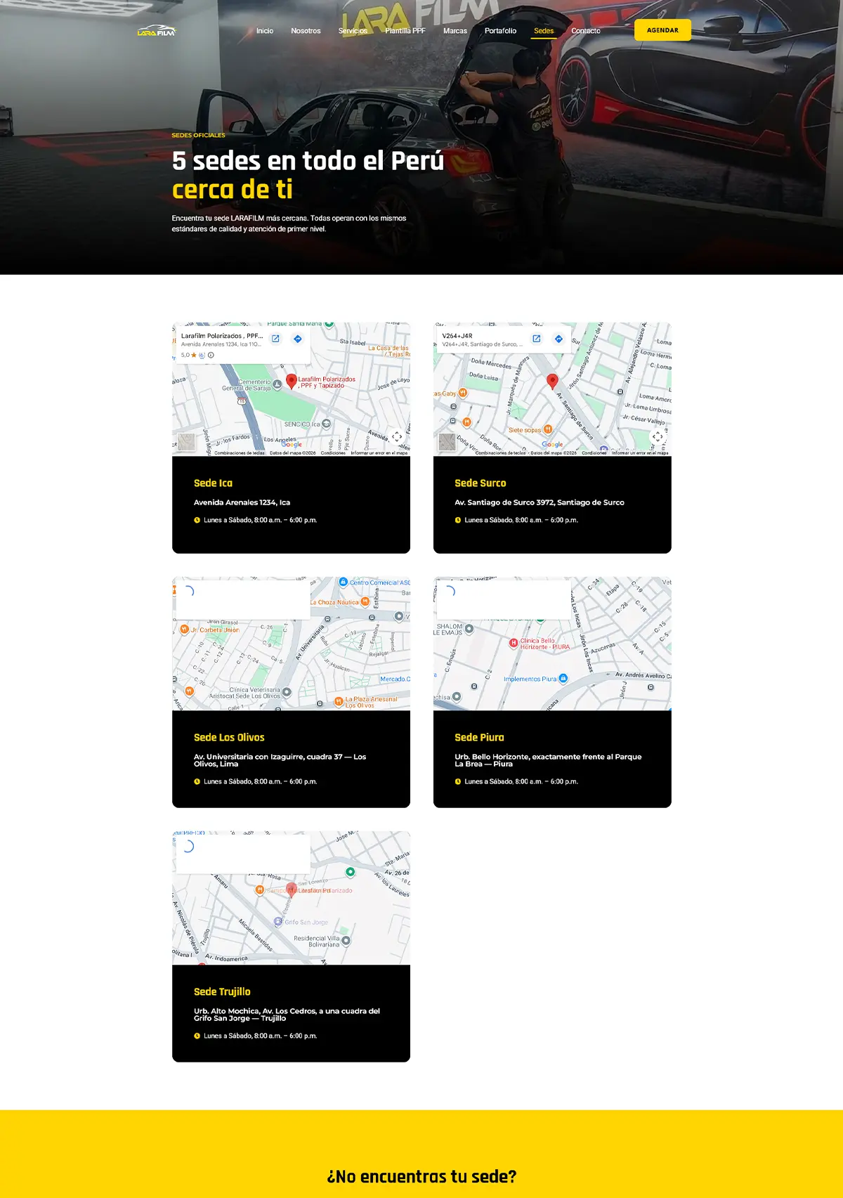Módulo de ubicación de sedes en Piura, Sullana y Lima integrado con Google Maps en la web de Larafilm Group por Cristhian Estudio.