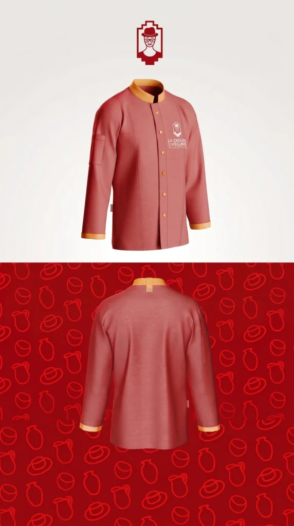 Uniforme de cocina y chaqueta de chef diseñados para el personal de La Cholita Cataquense, mostrando la aplicación de marca en indumentaria gastronómica por Cristhian Estudio.
