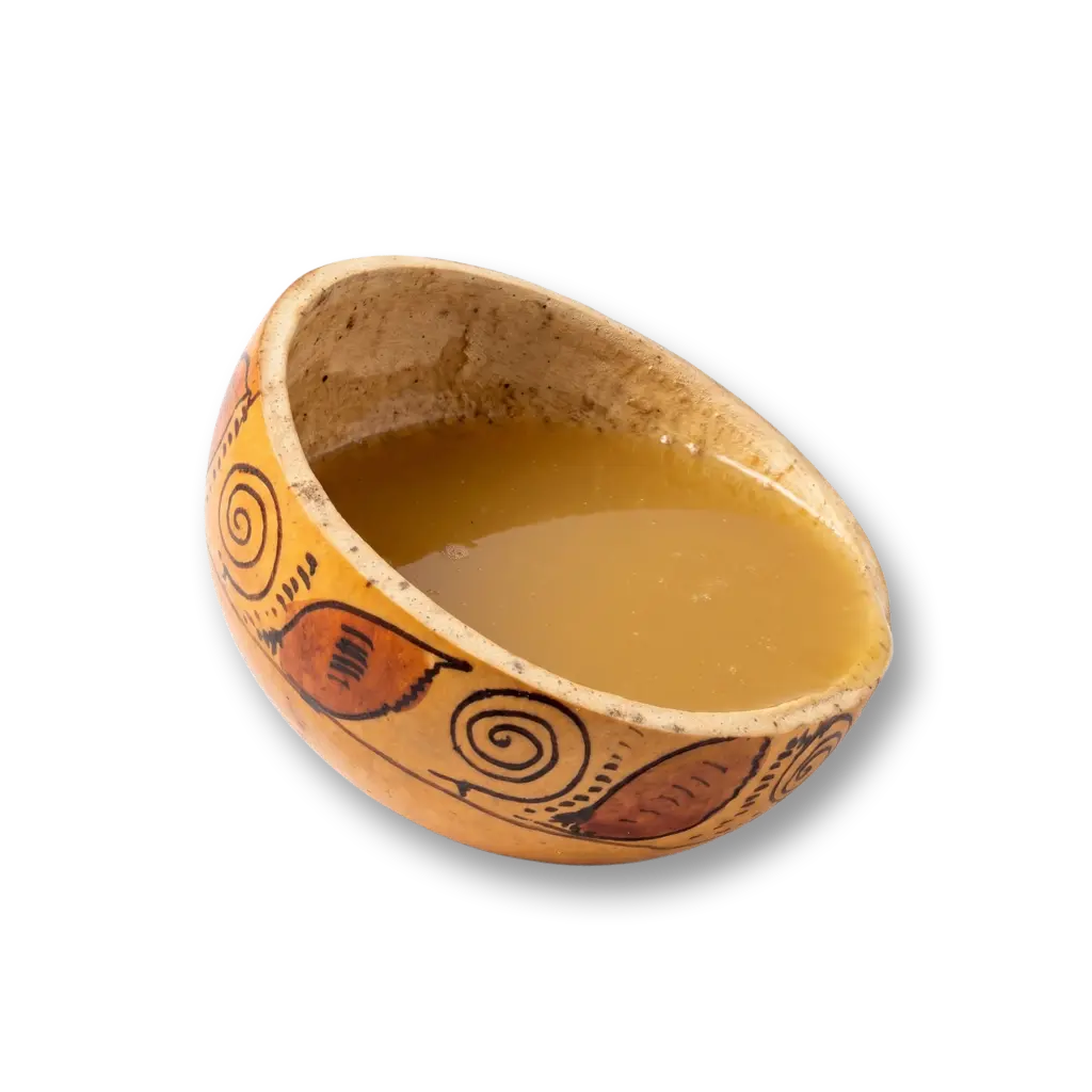Elemento visual de un poto de chicha de jora flotante, representando la iconografía gastronómica tradicional de Piura en el rebranding por Cristhian Estudio.